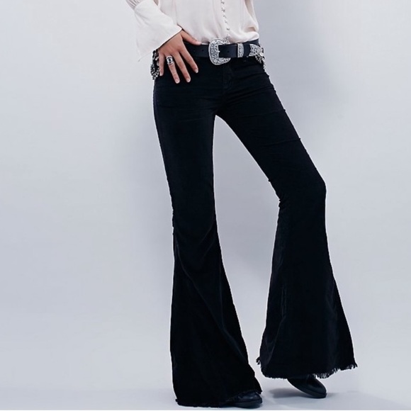 Free People Pants - Free People Women’s Black Corduroy Distressed Raw Hem Flare Pants. NWOT.